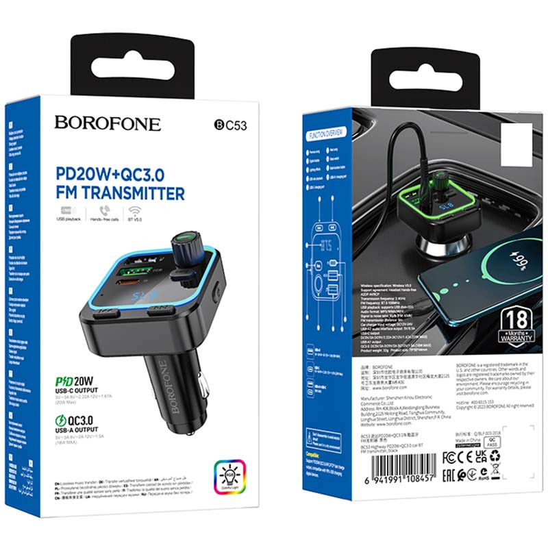 Автомобільний зарядний пристрій FM модулятор Borofone BC53 Highway PD 20W + QC 3.0 (2×USB-A / 1×USB-C) Black