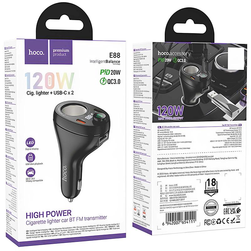 Автомобільний зарядний пристрій FM модулятор Hoco E88 Star cigarette lighter + PD 20W + QC 3.0 total 120W (2×USB-C) Black