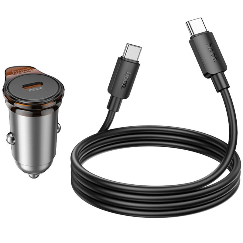 Автомобільний зарядний пристрій Hoco NZ16 Rigorous PD 30W (1×USB-C) + кабель USB-C → USB-C Metal grey