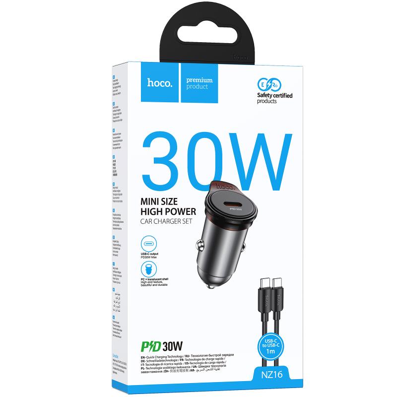 Автомобільний зарядний пристрій Hoco NZ16 Rigorous PD 30W (1×USB-C) + кабель USB-C → USB-C Metal grey