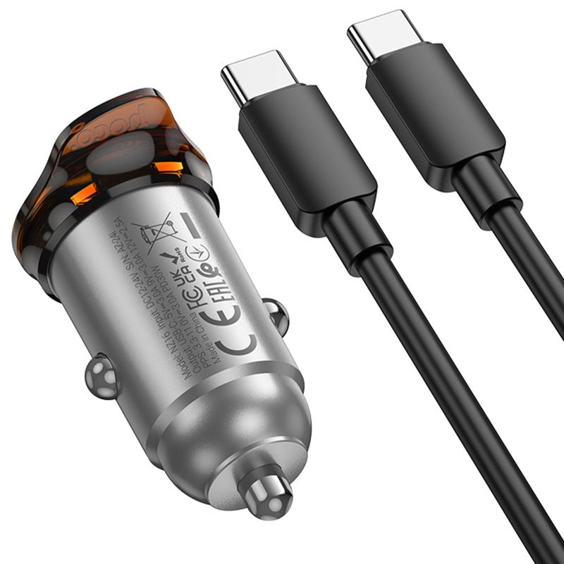 Автомобільний зарядний пристрій Hoco NZ16 Rigorous PD 30W (1×USB-C) + кабель USB-C → USB-C Metal grey