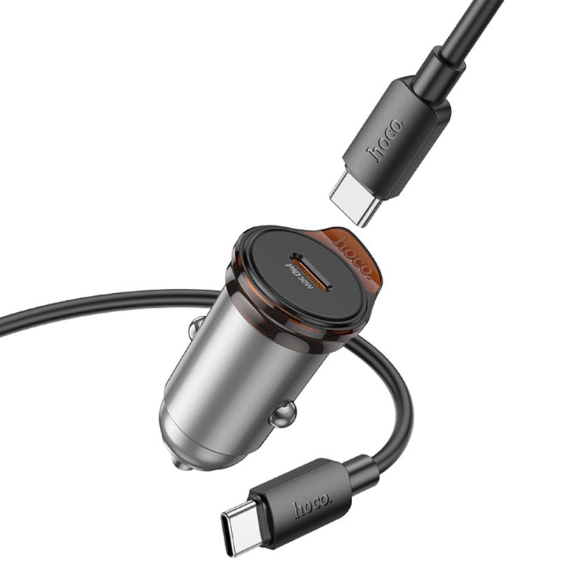 Автомобільний зарядний пристрій Hoco NZ16 Rigorous PD 30W (1×USB-C) + кабель USB-C → USB-C Metal grey