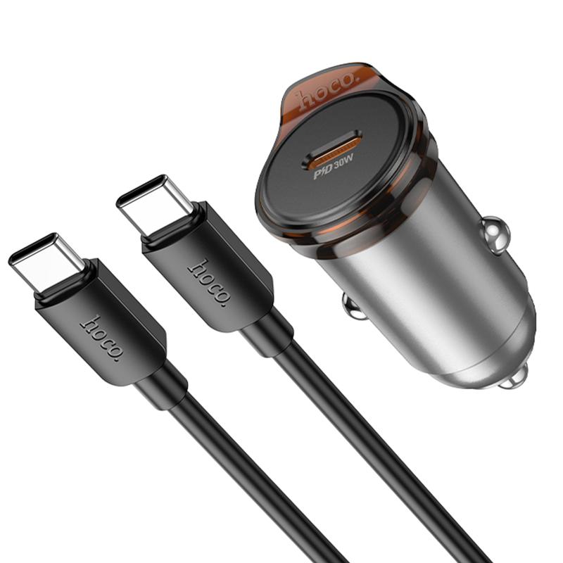 Автомобільний зарядний пристрій Hoco NZ16 Rigorous PD 30W (1×USB-C) + кабель USB-C → USB-C Metal grey