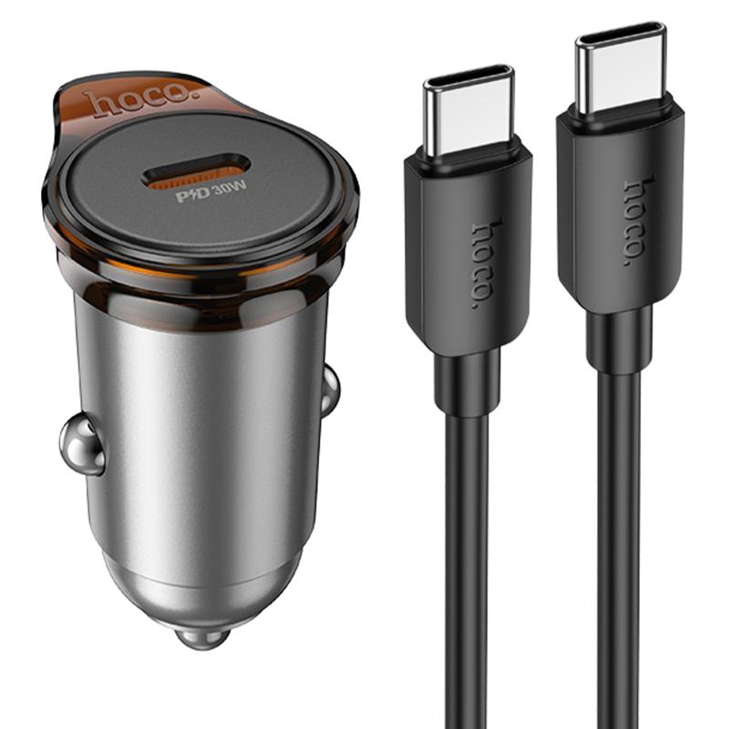 Автомобільний зарядний пристрій Hoco NZ16 Rigorous PD 30W (1×USB-C) + кабель USB-C → USB-C Metal grey