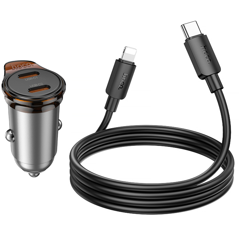 Автомобільний зарядний пристрій Hoco NZ16B Rigorous PD 45W (2×USB-C) + кабель USB-C → Lightning Metal grey