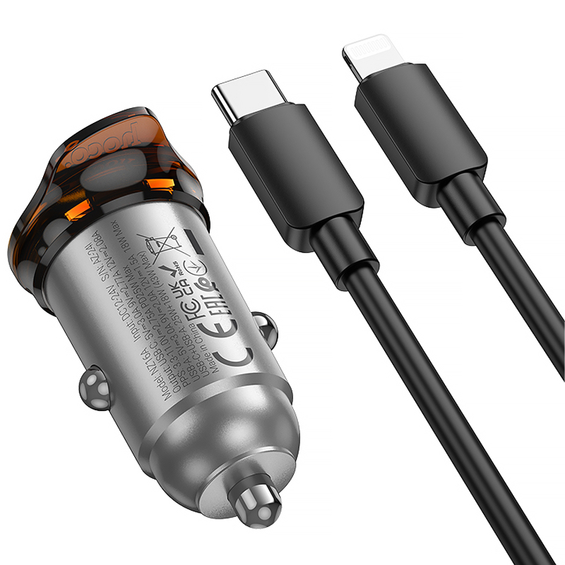 Автомобільний зарядний пристрій Hoco NZ16B Rigorous PD 45W (2×USB-C) + кабель USB-C → Lightning Metal grey