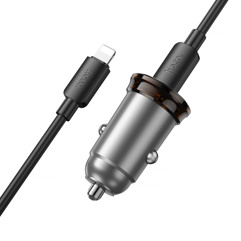 Автомобільний зарядний пристрій Hoco NZ16B Rigorous PD 45W (2×USB-C) + кабель USB-C → Lightning Metal grey