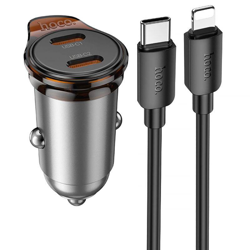 Автомобільний зарядний пристрій Hoco NZ16B Rigorous PD 45W (2×USB-C) + кабель USB-C → Lightning Metal grey