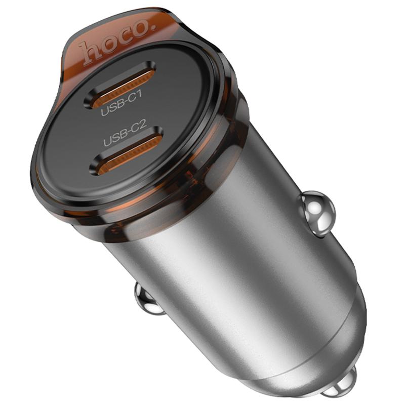 Автомобільний зарядний пристрій Hoco NZ16B Rigorous PD 45W (2×USB-C) Metal grey