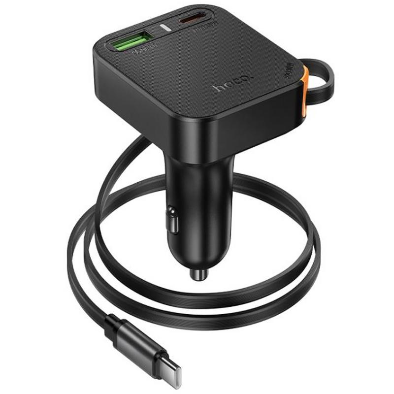 Автомобільний зарядний пристрій Hoco NZ18 Guardian PD 65W with retractable cable (1×USB-A / 2×USB-C) Black