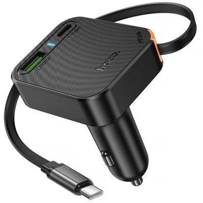 Автомобільний зарядний пристрій Hoco NZ18 Guardian PD 65W with retractable cable (1×USB-A / 2×USB-C) Black