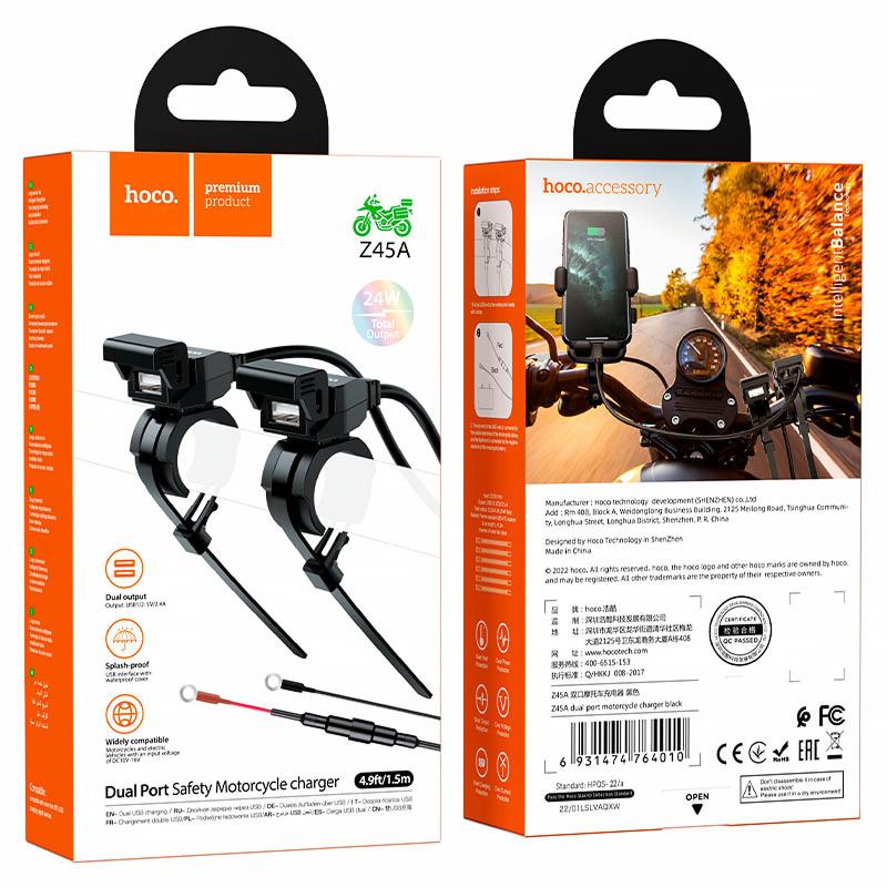 Автомобільний зарядний пристрій Hoco Z45A 2.4 А для мотоцикла (2×USB-A) Black