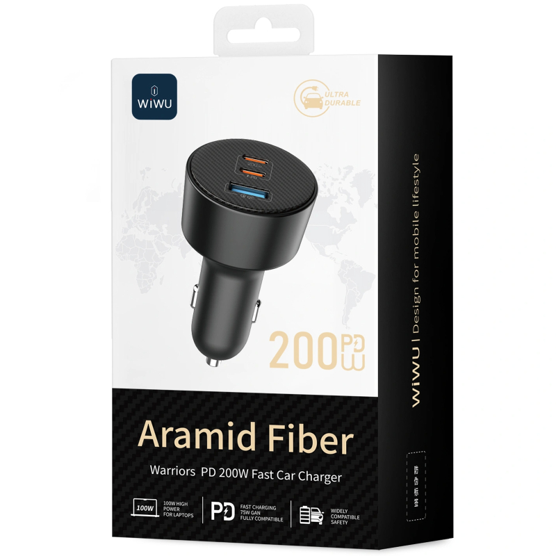 Автомобільний зарядний пристрій WIWU CC026 Warriors PD 200W + QC 3.0 (1×USB-A / 2×USB-C) Black