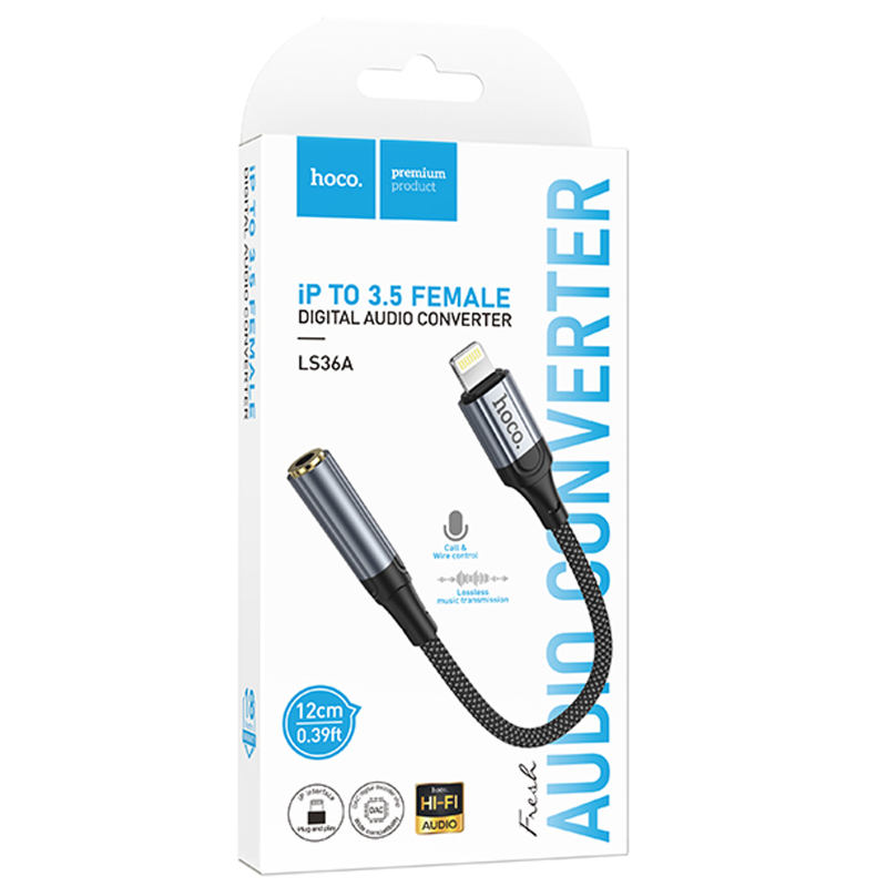 Аудіо кабель Aux Hoco LS36A Fresh 3.5mm to Lightning (0.12 м) Metal gray