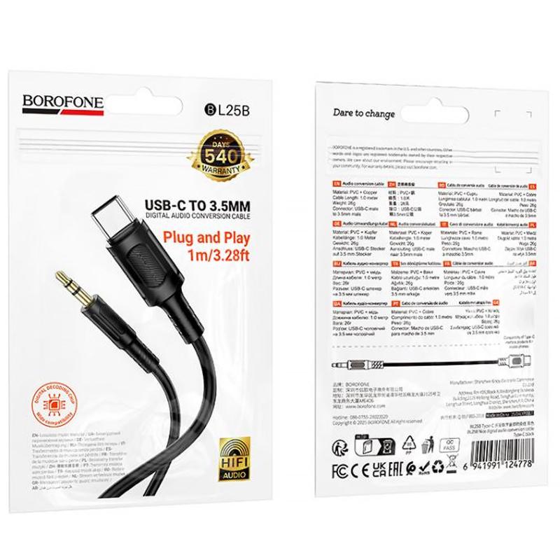 Аудіо кабель Aux Borofone BL25B Nice (USB-C to AUX 3.5mm) (1 м) Black