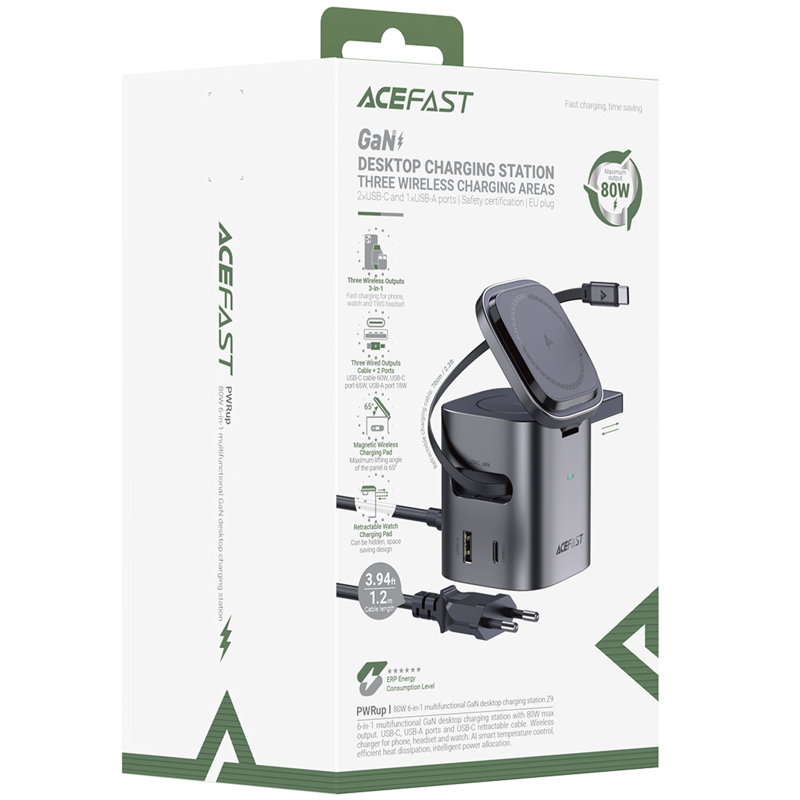 Бездротовий зарядний пристрій Acefast Z9 6in1 35W GaN + Мережевий зарядний пристрій 45W Metal grey