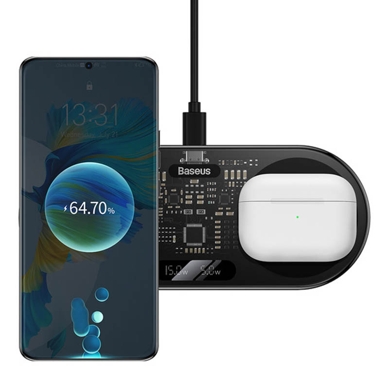 Бездротовий зарядний пристрій Baseus Digital LED Display 2in1 20W Universal version (WXSX010101) Black