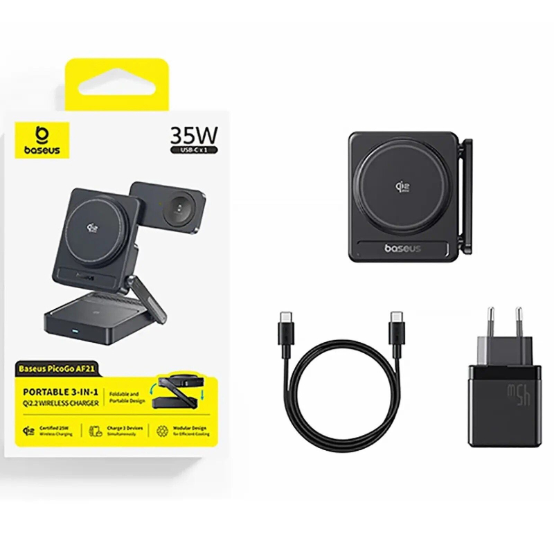 Бездротовий зарядний пристрій Baseus PicoGo AF21 Portable 3in1 35W Qi2.2 (E02054) Cosmic Black