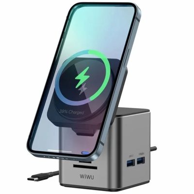 Бездротовий зарядний пристрій WIWU W025 Cube Hub 9in1 15W (PD 100W/1C/3 А/SD/TF/HDMI/RJ45) Gray