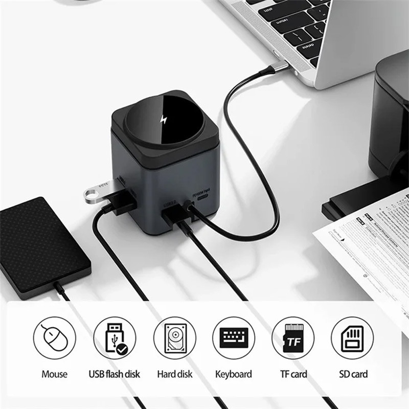Бездротовий зарядний пристрій WIWU W025 Cube Hub 9in1 15W (PD 100W/1C/3 А/SD/TF/HDMI/RJ45) Gray