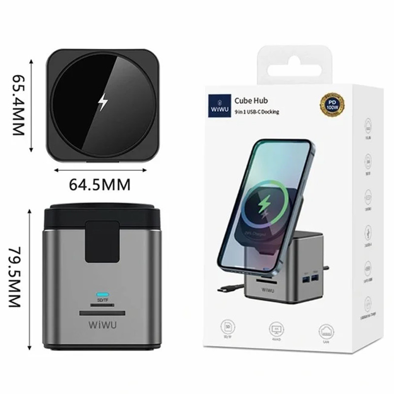 Бездротовий зарядний пристрій WIWU W025 Cube Hub 9in1 15W (PD 100W/1C/3 А/SD/TF/HDMI/RJ45) Gray