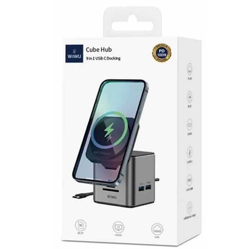 Бездротовий зарядний пристрій WIWU W025 Cube Hub 9in1 15W (PD 100W/1C/3 А/SD/TF/HDMI/RJ45) Gray