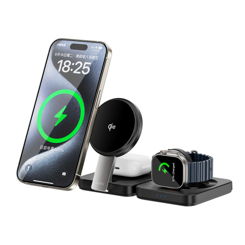Бездротовий зарядний пристрій WIWU W028 Cool 3in1 QI2 15W Black