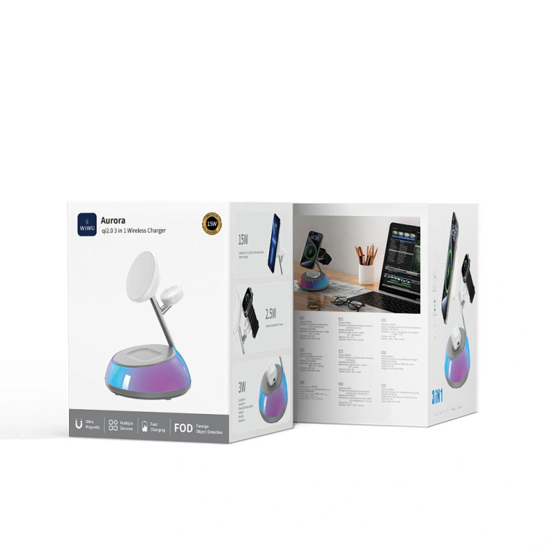 Бездротовий зарядний пристрій WIWU W036 Aurora 3in1 QI2 15W White