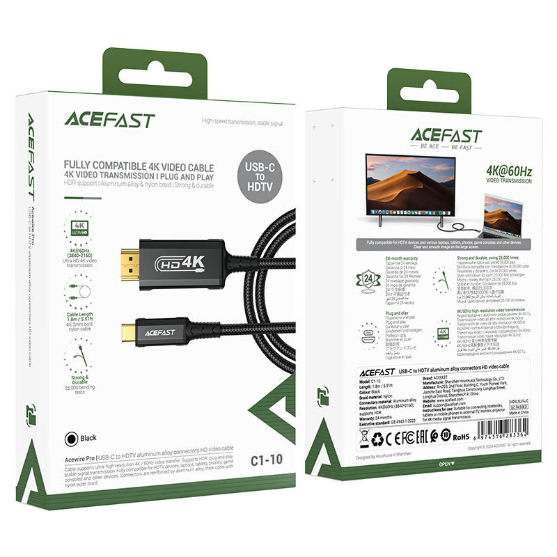 Дата кабель Acefast C1-10 USB-C to HDTV (1.8 м) Black