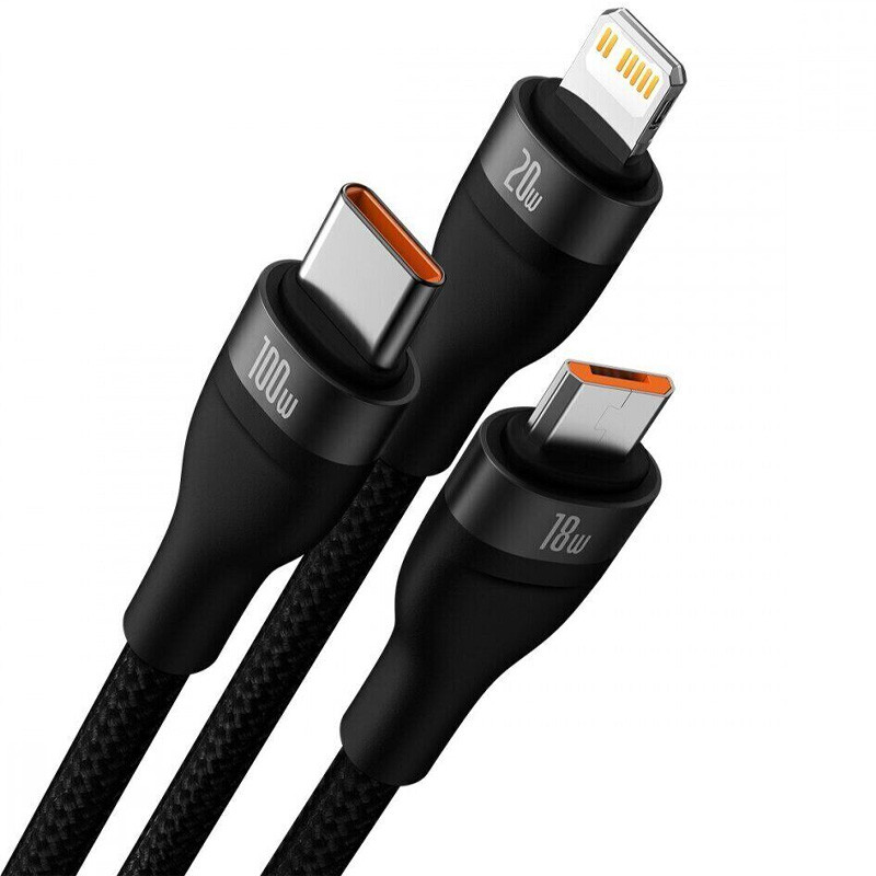 Дата кабель Baseus Flash Series 2 USB to Lightning/USB-C/Micro-USB 100W (1.2 м) (CASS03000) Black