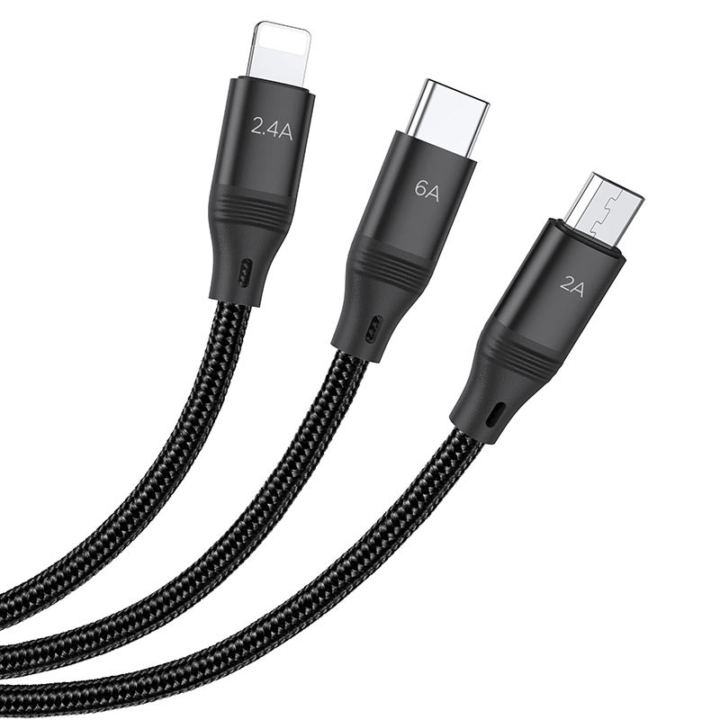 Дата кабель Hoco U104 Ultra 3in1 USB to Lightning/USB-C/Micro-USB 66W (1.2 м) Чорний