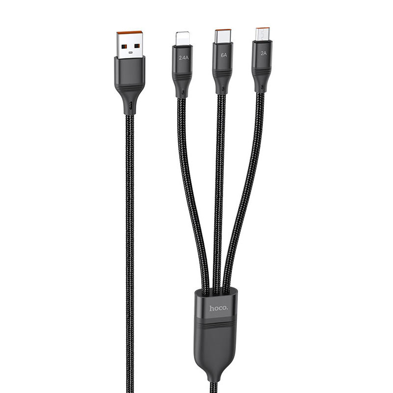 Дата кабель Hoco U104 Ultra 3in1 USB to Lightning/USB-C/Micro-USB 66W (1.2 м) Чорний