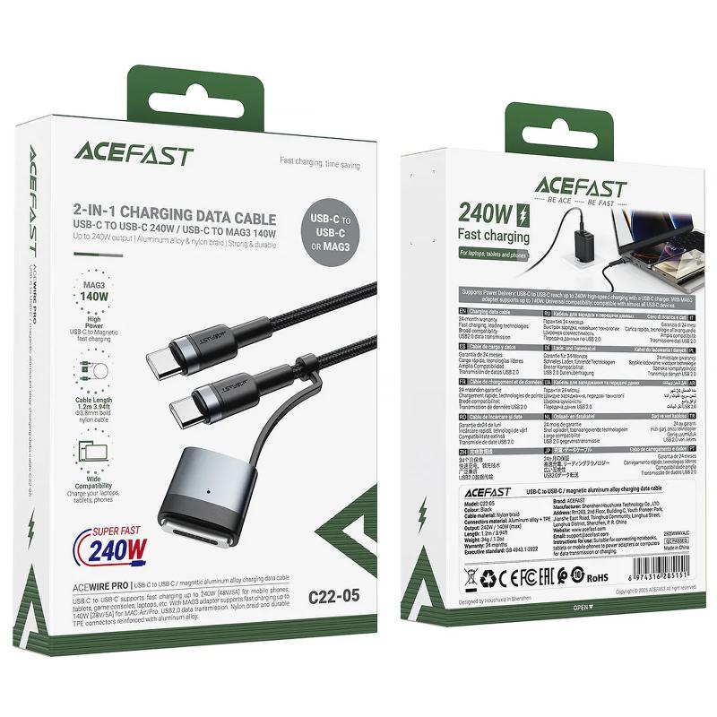 Дата кабель Acefast C22-05 2in1 USB-C → USB-C 240W/MAG3 140W (1.2 м) Black