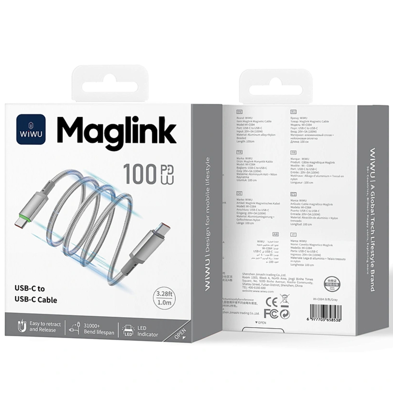 Дата кабель WIWU C084 Maglink USB-C → USB-C 100W (1 м) Grey