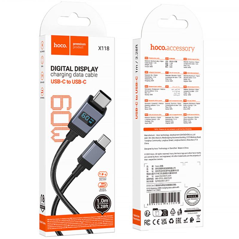 Дата кабель Hoco X118 Generous with display USB-C → USB-C 60W (1 м) Black