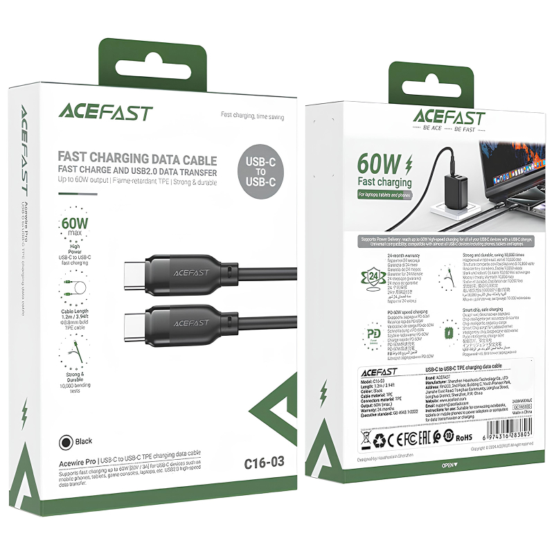 Дата кабель Acefast C16-03 USB-C → USB-C 60W (1.2 м) Black