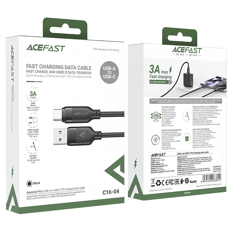 Дата кабель Acefast C16-04 USB to USB-C 3 А (1.2 м) Black