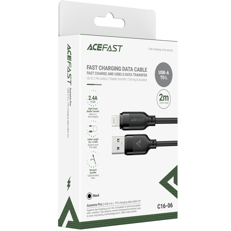 Дата кабель Acefast C16-06 USB to Lightning 2.4 А (2 м) Black