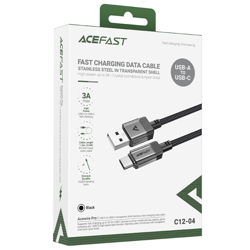 Дата кабель Acefast C12-04 USB to USB-C 3 А (1.2 м) Black
