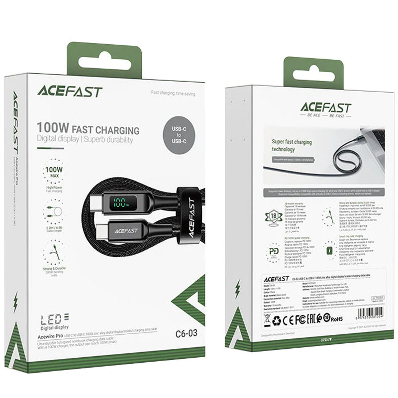 Дата кабель Acefast C6-03 USB-C → USB-C 100W digital display (2 м) Black
