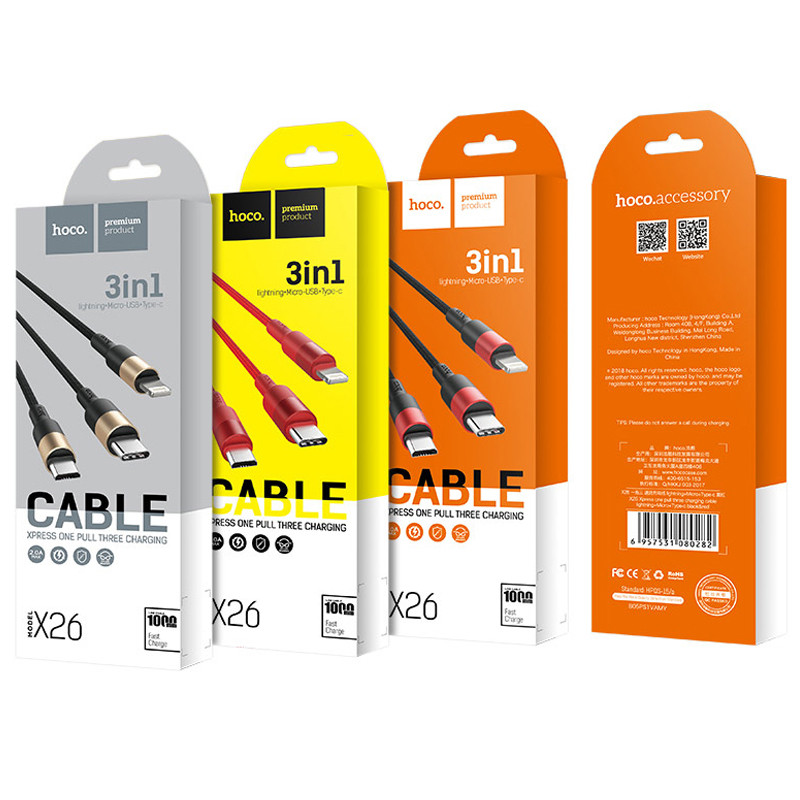 Дата кабель Hoco X26 Xpress 3in1 USB to Lightning/USB-C/Micro-USB 2 А (1.2 м)