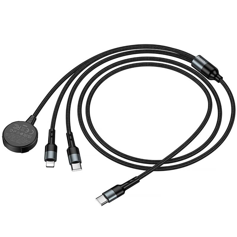 Дата кабель Hoco CW64 3in1 USB-C to iWatch/Lightning/USB-C 15W (1.2 м) Black