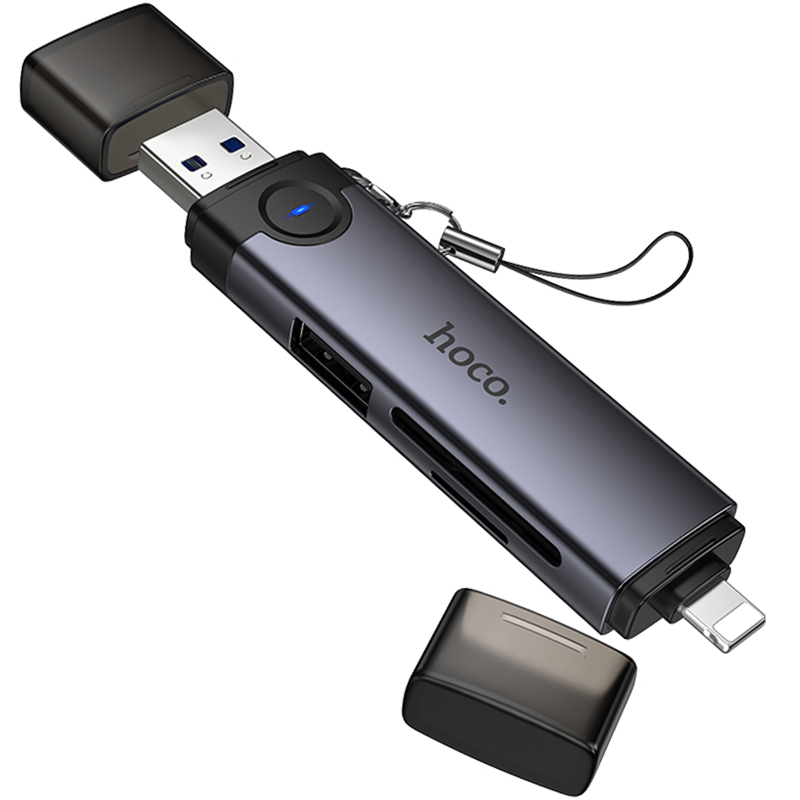 Картридер Hoco HB56A Victory 5in1 Lightning/USB2.0 to SD/TF3.0 + USB 2.0 Metal gray