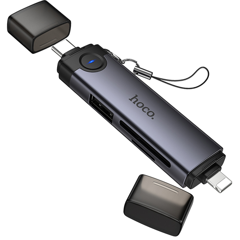 Картридер Hoco HB56B Victory 5in1 USB-C/Lightning to SD/TF3.0 + USB 2.0 Metal gray
