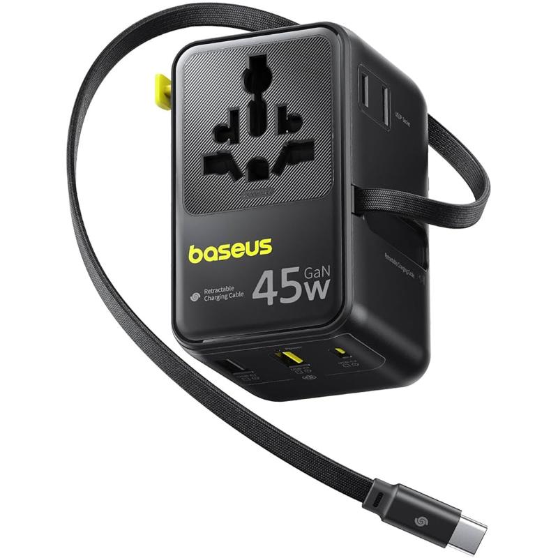 Мережевий універсальний перехідник Baseus AG11 45W with retractable cable (2×USB-A / 1×USB-C/1Socket) (E0307F) Cosmic Black