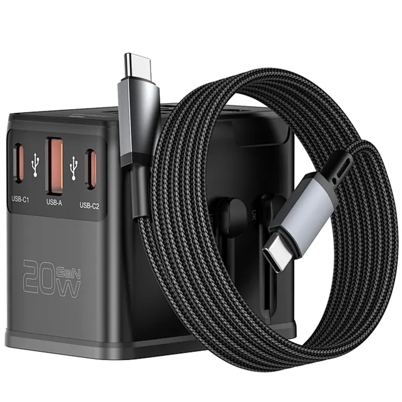 Мережевий універсальний перехідник WIWU UA013 20W GaN + 1×USB-A / 2×USB-C with retractable cable USB-C Black