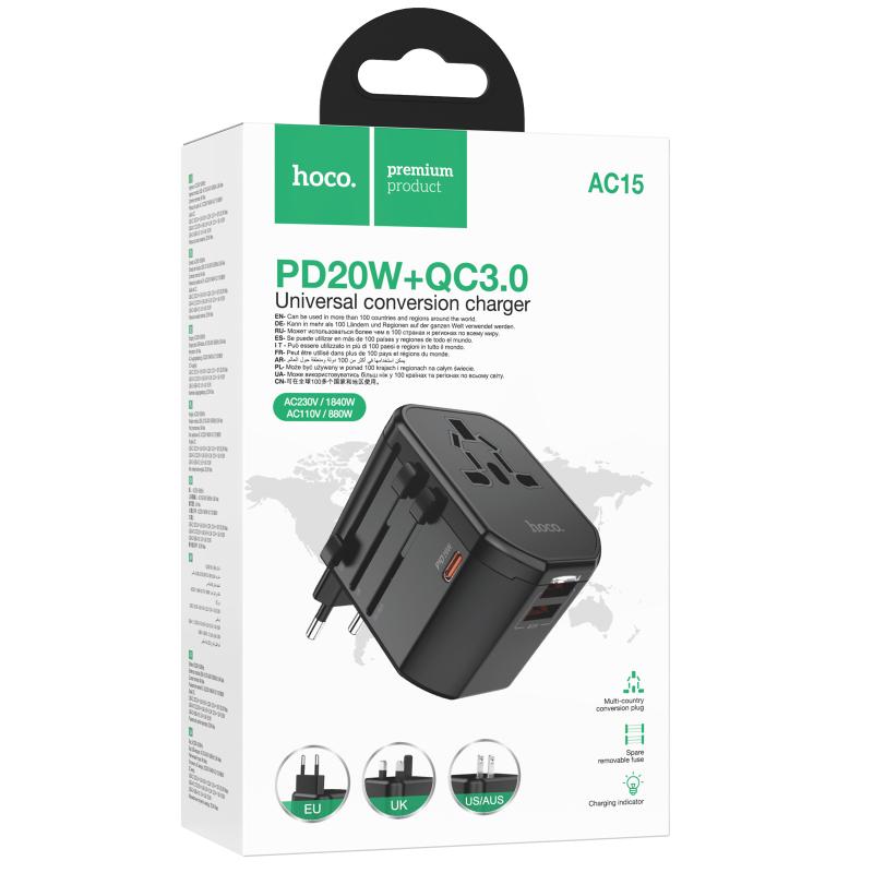 Мережевий універсальний перехідник Hoco AC15 Walker PD 20W + QC 3.0 (2×USB-A / 1×USB-C) (EU) Black