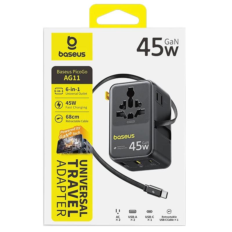 Мережевий універсальний перехідник Baseus AG11 45W with retractable cable (2×USB-A / 1×USB-C/1Socket) (E0307F) Cosmic Black
