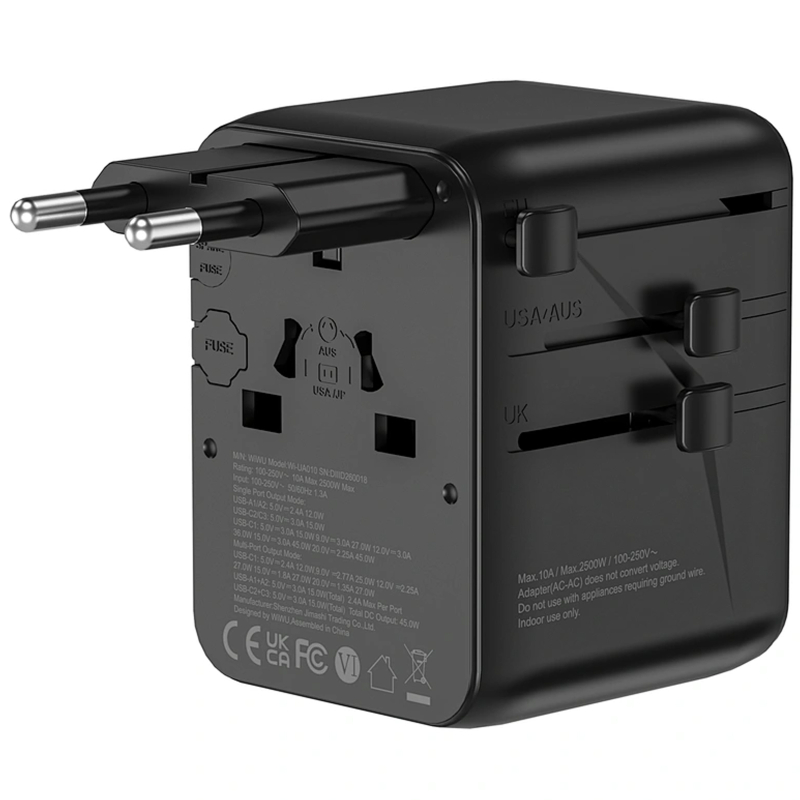 Мережевий універсальний перехідник WIWU UA010 Warrior GaN 45W + 2×USB-A / 3×USB-C Black