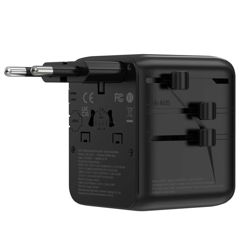 Мережевий універсальний перехідник WIWU UA011 Warrior GaN 25W + 1×USB-A / 2×USB-C Black
